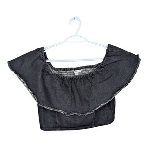 American Eagle Black Denim Fringe Off Shoulder Cropped Top Medium